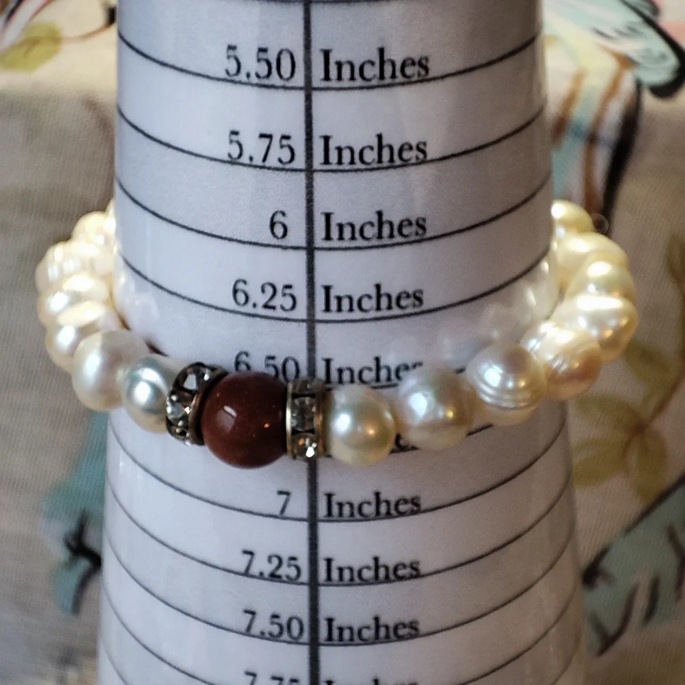 Set of 3 Pearl Stretch Bracelets Sunstone or Goldstone Bead Gritty Cold Vintage
